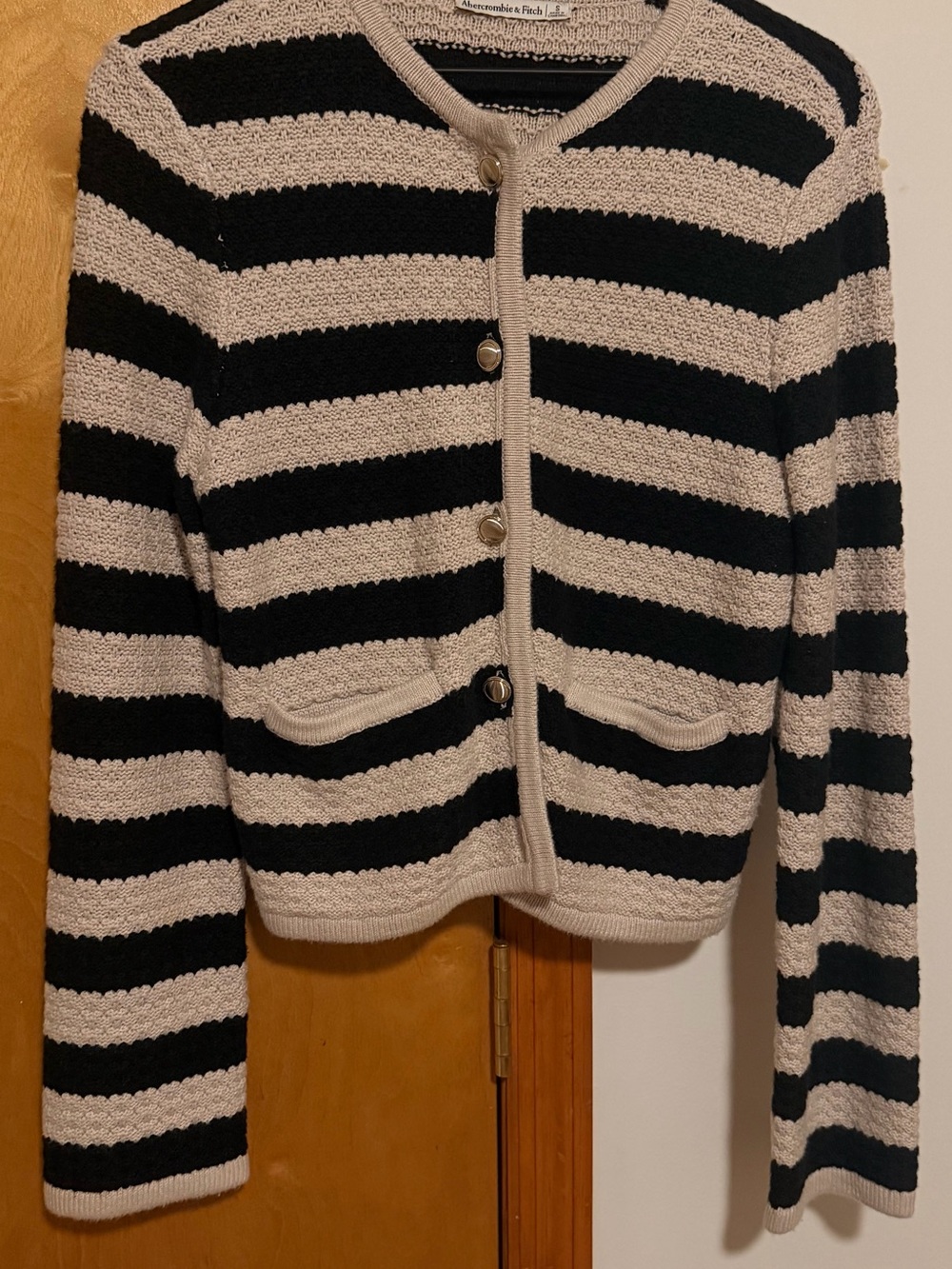 Abercrombie & Fitch Black and Cream Striped Button-Front Cardigan